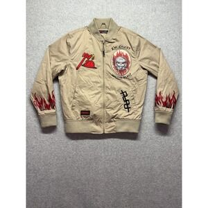 Chucky Seed of Chucky Tan Bomber Jacket Flaming Skull Graphic Mens S F2008 AX